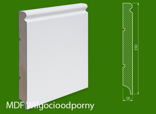 Listwa przypodłogowa MDF biała lakierowana  - 150 x 16 PLUS - wilgocioodporna